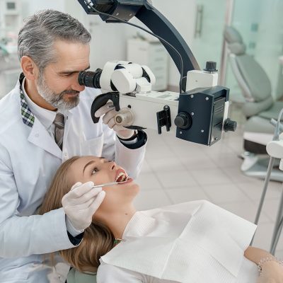 Professional stomatologist examining teeth of woman with help of modern equipment. Doctor in white coat looking through dental microscope and holding restoration instrument.