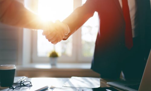 Man and woman are shaking hands in office. Collaborative teamwork.